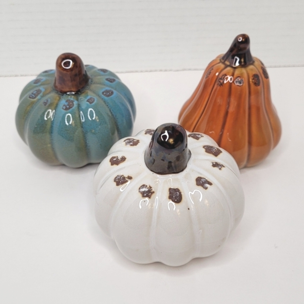 Ceramic Pumpkin Trio Blue White and Burnt Orange Stoneware NWOT